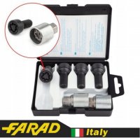 Секретные болты FARAD серии StarLock для дисков Audi, Volkswagen, Skoda, Seat, SsangYong, Mercedes-Benz, Infiniti М14х1.5х27мм со сферической посадкой R13 и вращающимся кольцом 2 ключа FARAD STARLOCK | Болты секретки М14x1.5x27 Сфера R13 Вращающееся кольцо (для оригинальных дисков) + запасной ключ под 17 Черные