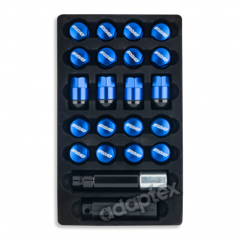Набор гаек для дисков M12x1,5x35mm Конус Синие Ключ 17 (16+4 секретки) алюминиевые колпачки + 3 ключа